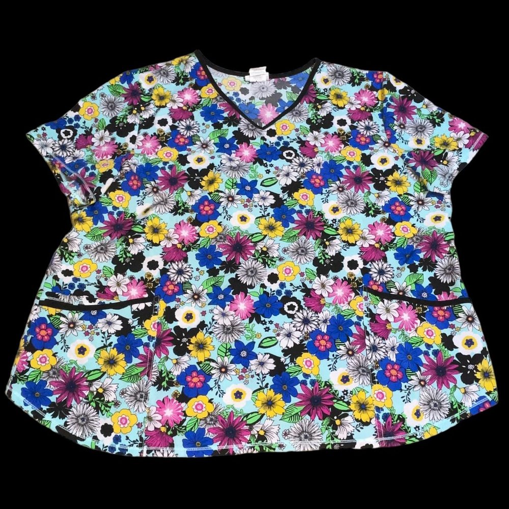 Scrubstar Bright Floral Print Plus Sz 3XL Scrub Shirt Top Nurse Vet Xray Tech